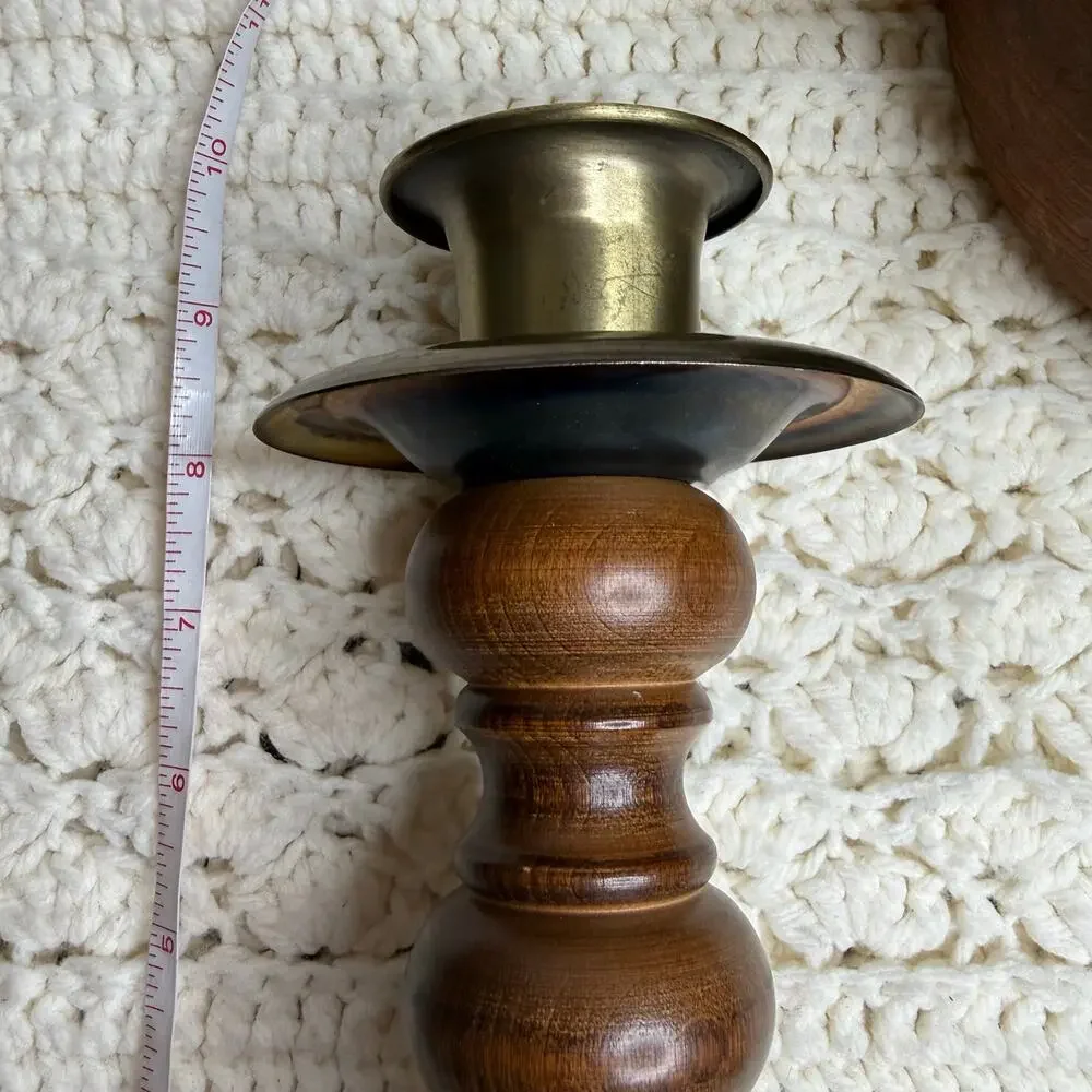 Vintage Mid Century Brass and Wood Candlestick Holders Set of Two Heavy